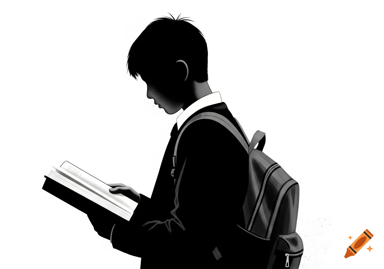 Black and white silhouette of a student wearing a backpack, looking down while reading an open book.