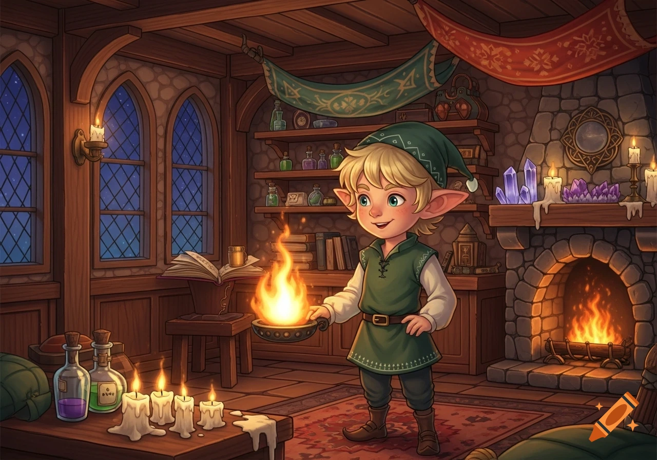 A cute, young elf in a green outfit holds a pan of fire in a magical, cozy room with a fireplace and potions.
