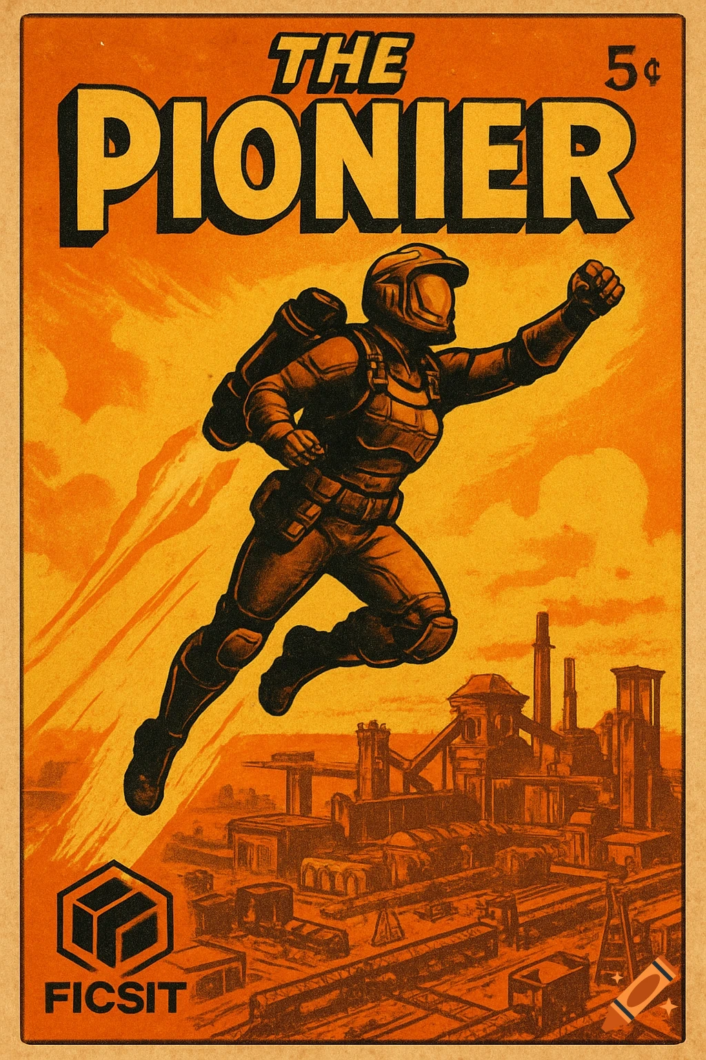 A retro-style comic book cover titled "THE PIONIER" shows a character with a jetpack flying over an industrial city, with "FICSIT" and "5¢" text.