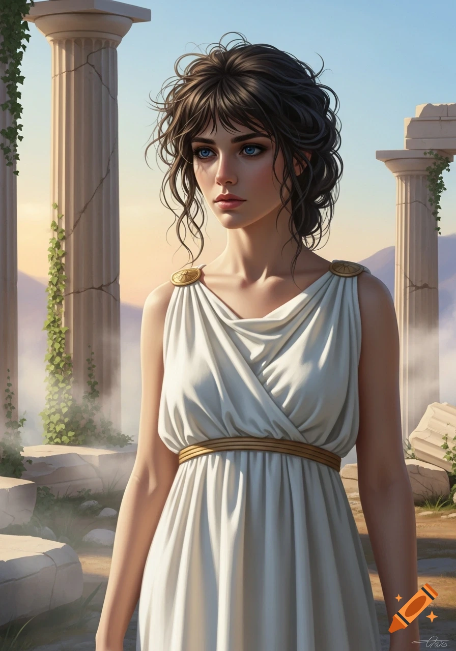 Digital portrait of a woman in a white chiton with dark messy hair and blue eyes, standing among ancient Greek ruins.