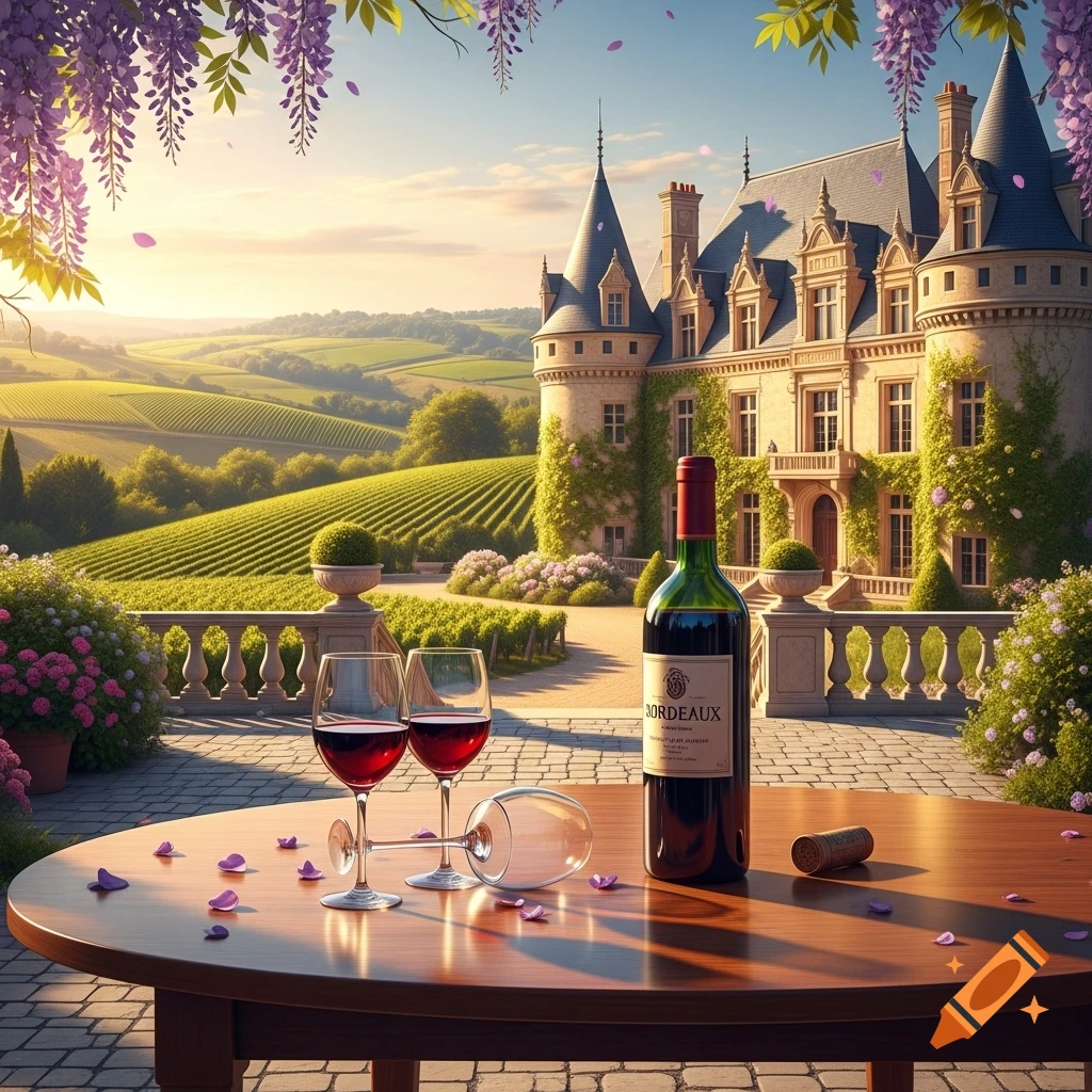 A scenic chateau overlooking rolling vineyards at sunset, with a bottle of wine and glasses on a patio table adorned with wisteria.