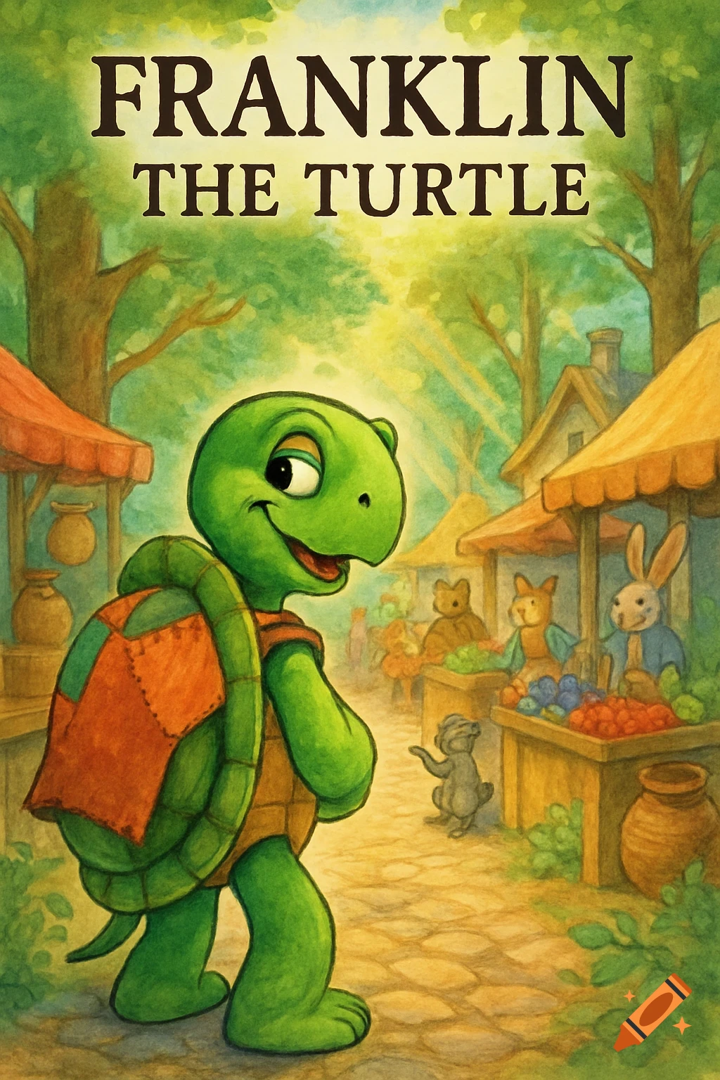 A green cartoon turtle with a red backpack smiles in a vibrant watercolor market scene with anthropomorphic animal vendors, under the title "FRANKLIN THE TURTLE".