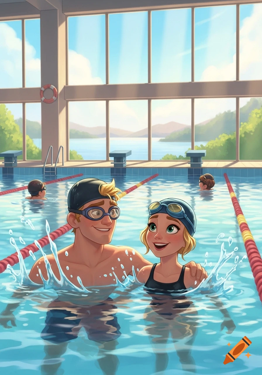 A cute blonde man and woman in swim caps and goggles smile and splash in a pool, with a lake view through large windows in Pixar style.