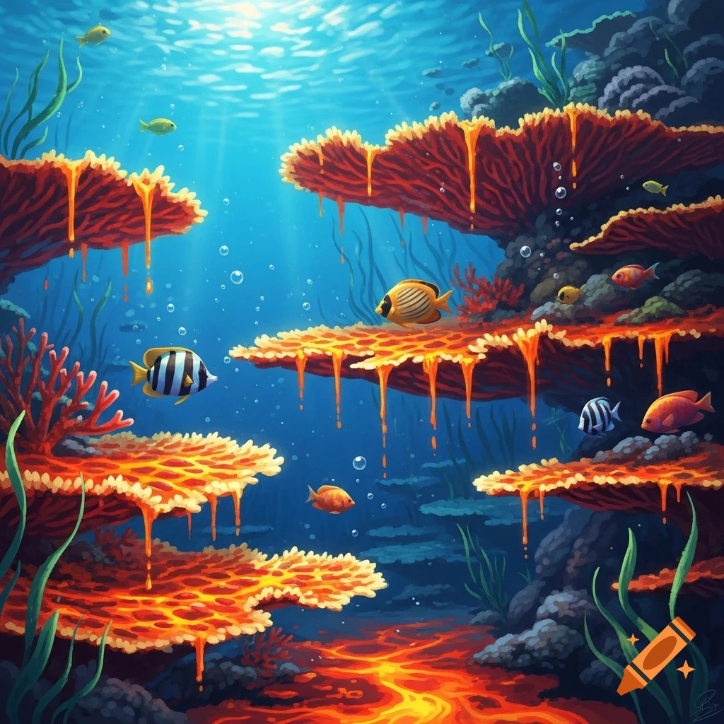Vibrant underwater scene with tropical fish and flowing orange lava-like coral formations.
