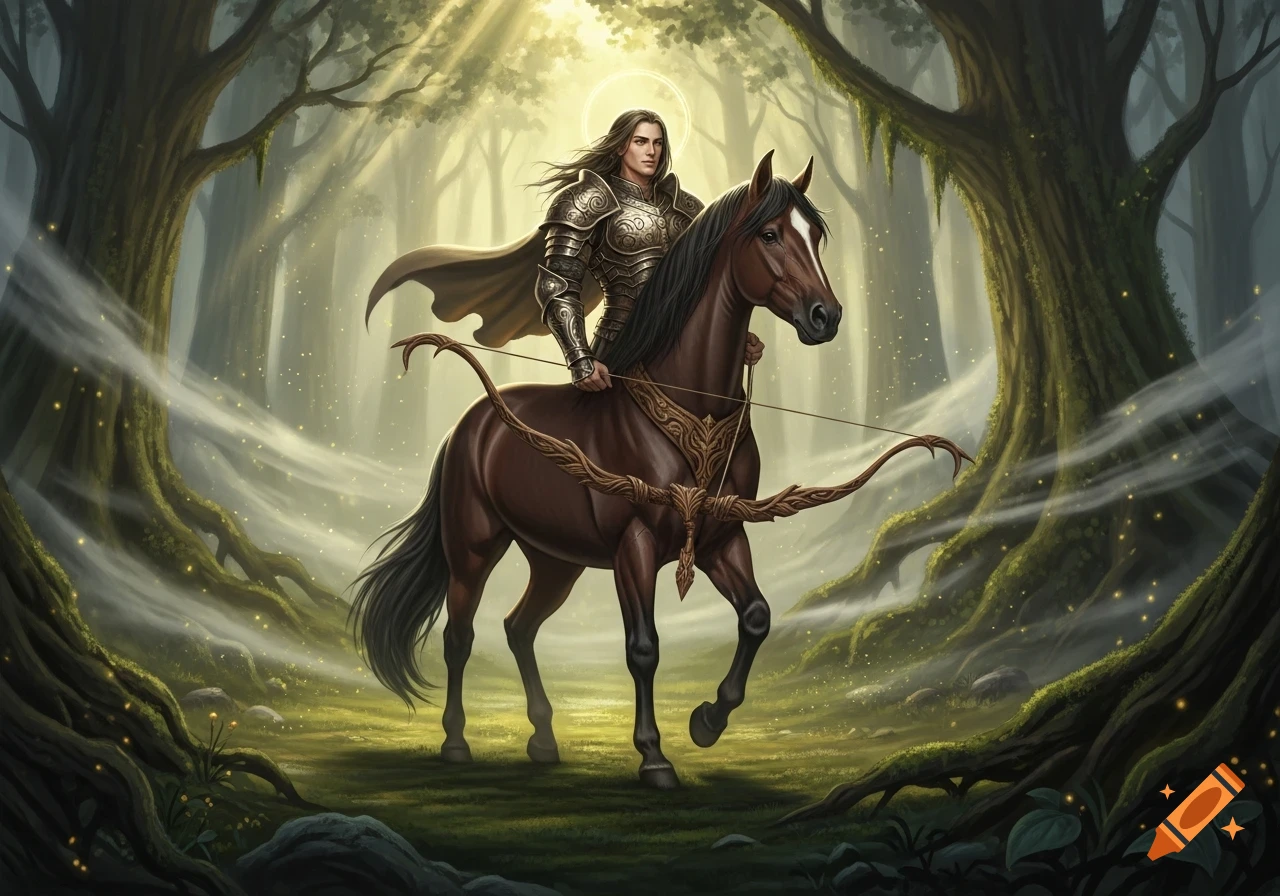 A regal warrior in ornate armor with a cape rides a brown horse, holding a decorative bow. They move through a mystical, sunlit forest with ancient trees and glowing particles.