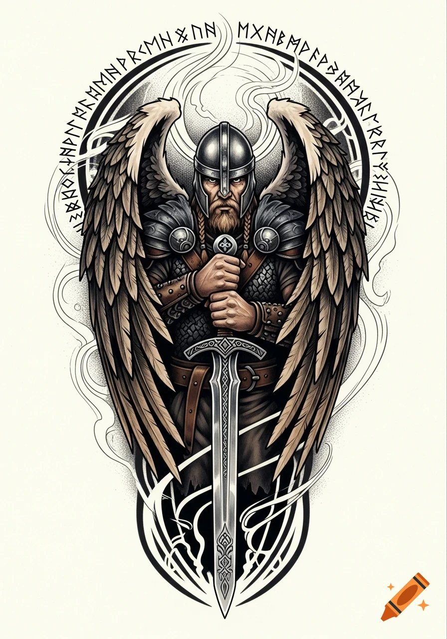 Illustrative tattoo design of a winged Viking warrior in armor, holding a sword, with runic symbols forming a circular border.