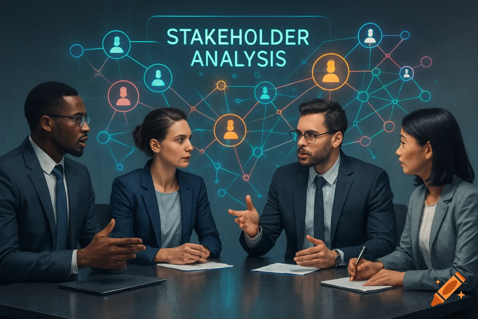 Four diverse professionals in a business meeting, with a digital 'Stakeholder Analysis' graphic behind them.