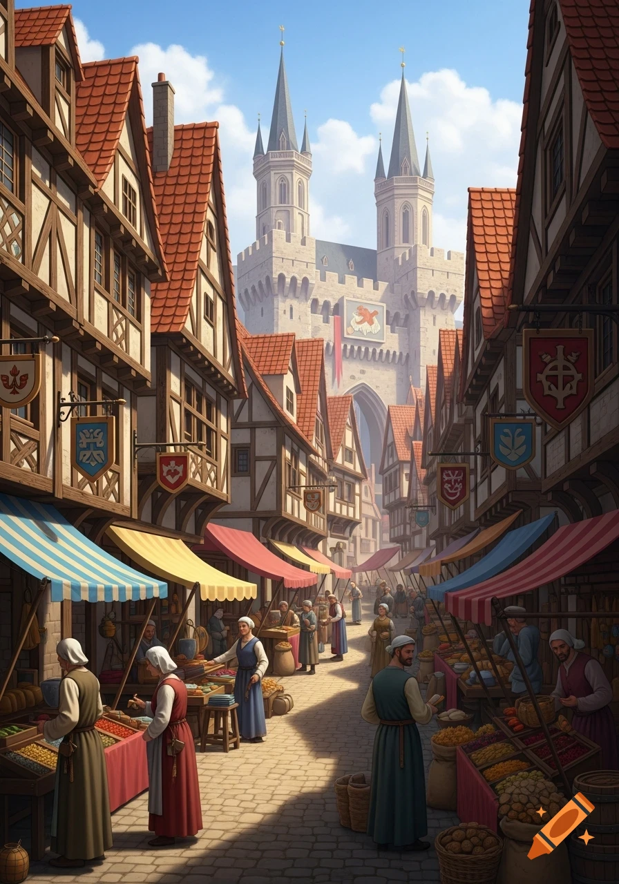A vibrant medieval market street bustles with people under colorful awnings, leading to a grand castle gateway under a blue sky.
