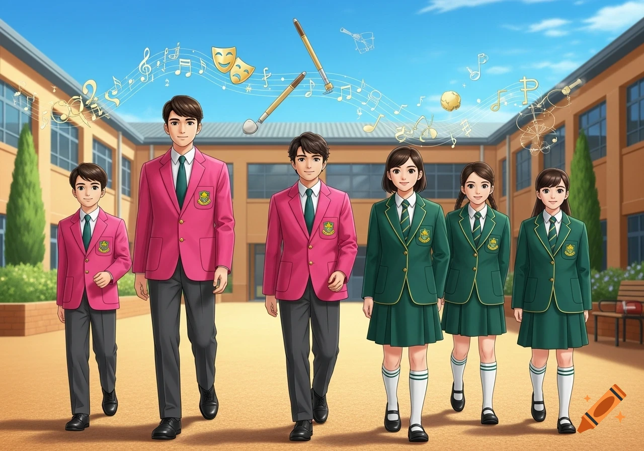 Six anime-style students, three boys in pink blazers and three girls in green blazers and skirts, walk in a school courtyard under musical notes and theater masks.
