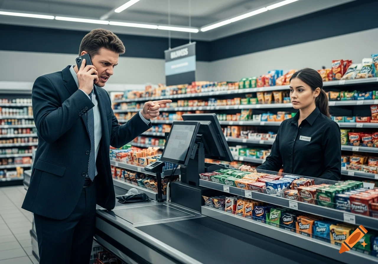 An angry man on his phone points at a non-smiling cashier at a grocery store checkout in a photorealistic style.