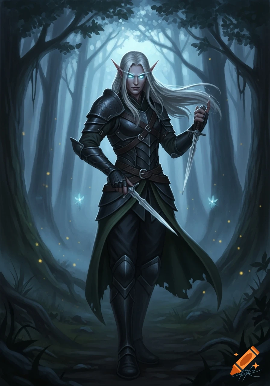 An elf warrior with glowing eyes in dark armor holds two daggers in a misty forest with glowing fireflies.