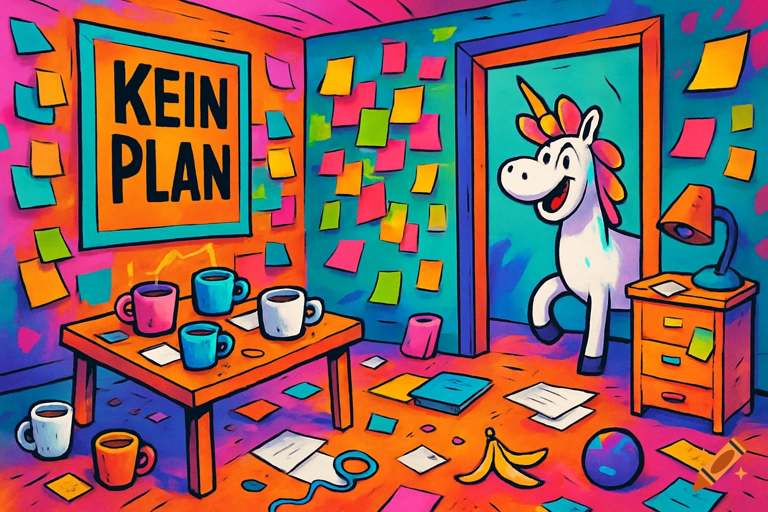 A colorful, chaotic cartoon room filled with sticky notes, coffee cups, and a sign 'KEIN PLAN'. A smiling unicorn peeks from a doorway.