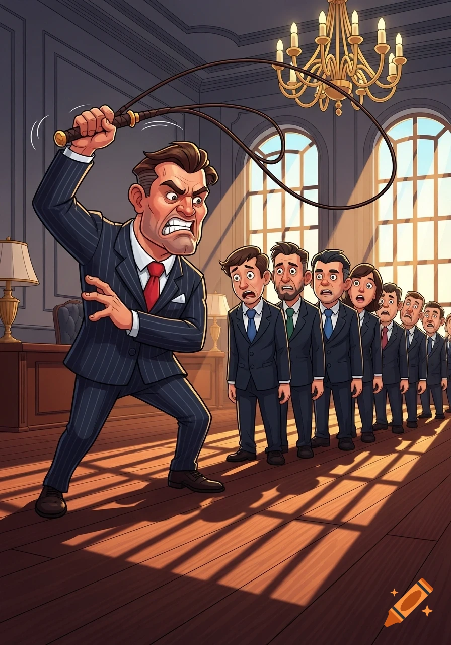 Cartoon illustration of an angry CEO raising a whip over a line of terrified workers in suits in a formal office.