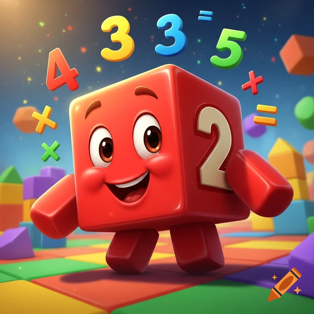 Happy red number block character '2' walks on colorful blocks, with floating numbers and math symbols in a bright, cartoon style.