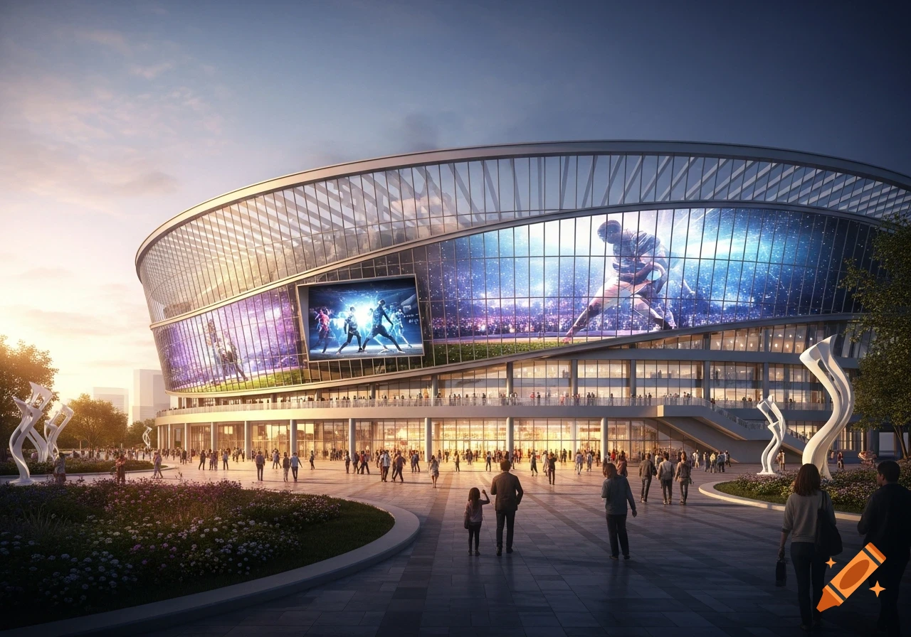A modern stadium with a curved glass facade and large digital screens showing athletes, bustling with people at sunset.