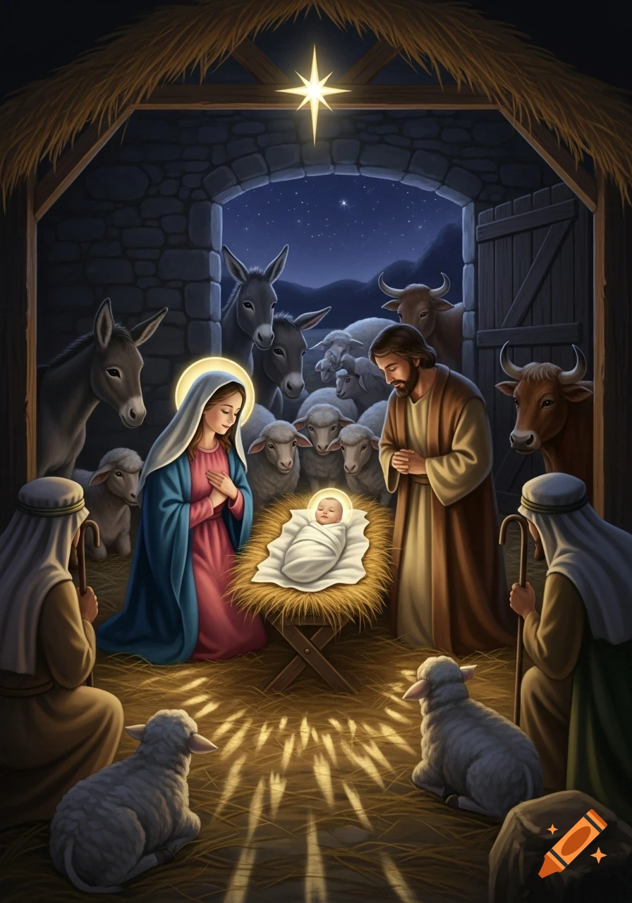 Illustrated Nativity scene with Mary, Joseph, shepherds, and animals gathered around baby Jesus in a manger, under a bright star.