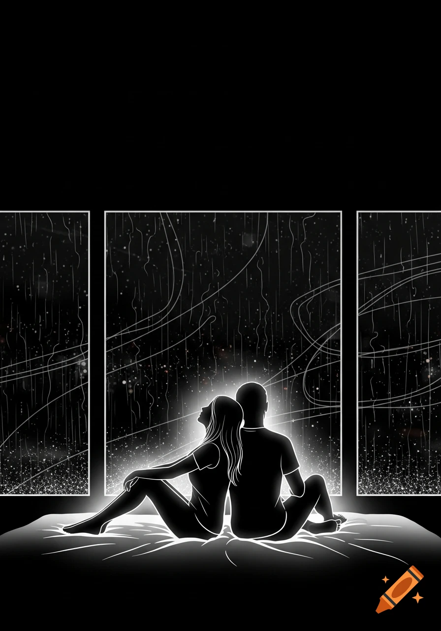 A white silhouette of a couple sitting back to back on a bed, looking out a rain-streaked window against a black background.