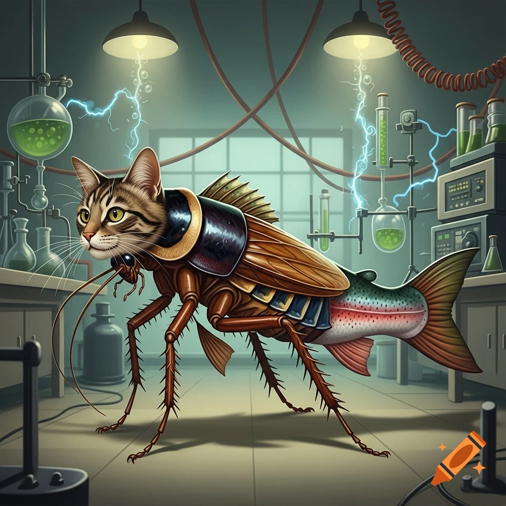 A hybrid creature with a cat's head, cockroach body, and salmon tail and fins stands in a sci-fi laboratory with glowing liquids and electricity.