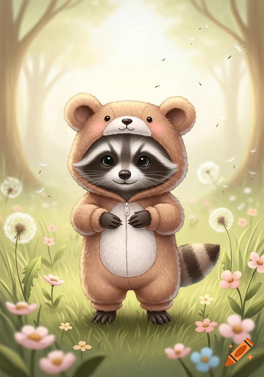 A cute cartoon raccoon wearing a teddy bear onesie stands in a sunlit grassy field with dandelions and small flowers.