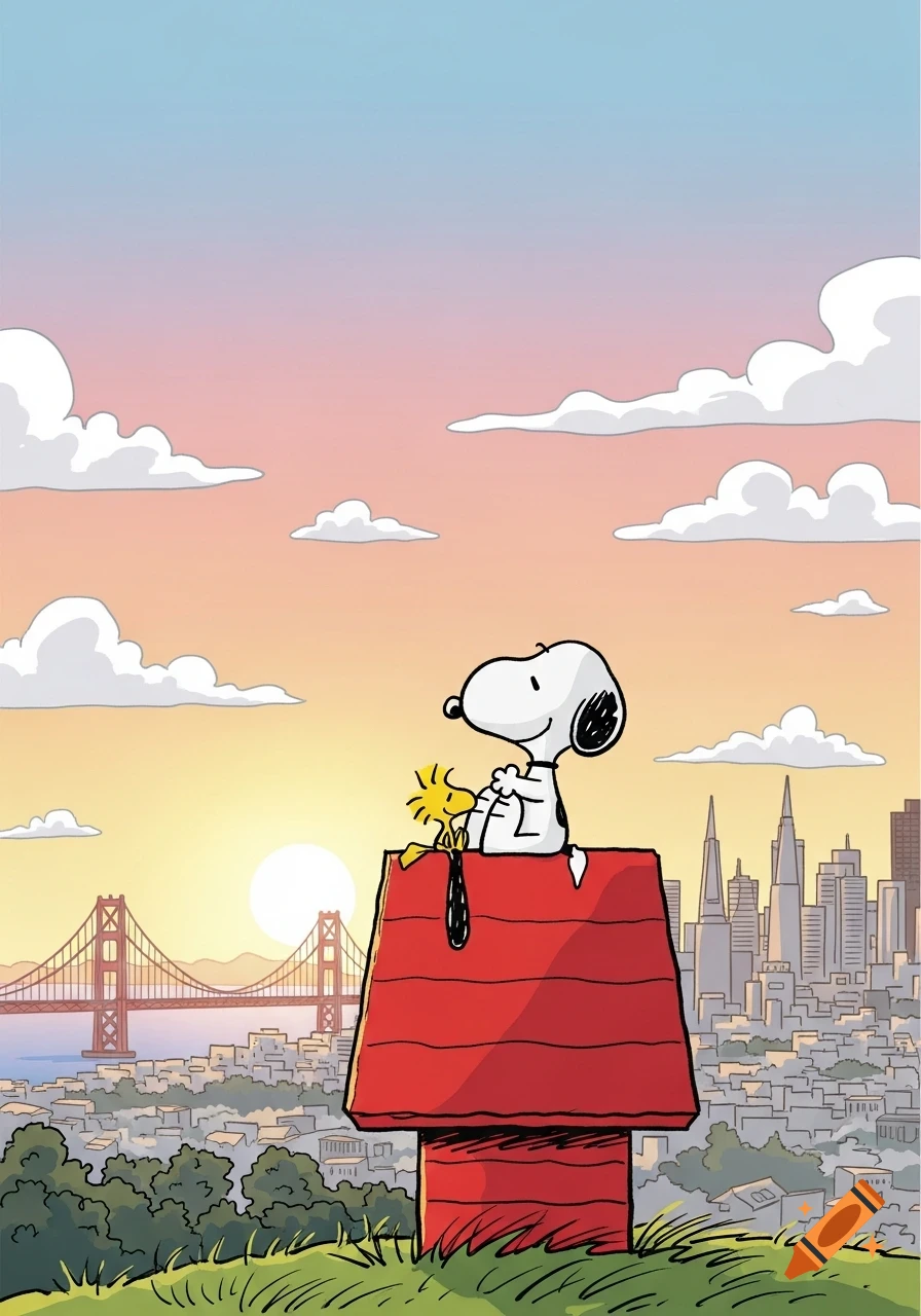 Snoopy and Woodstock on a red doghouse, overlooking the San Francisco skyline with the Golden Gate Bridge at sunrise in Peanuts style.