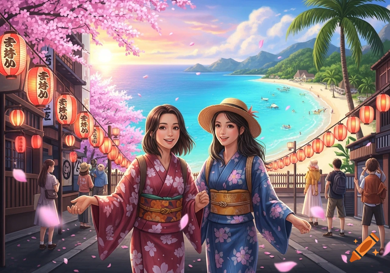 Two smiling women in kimonos walk past cherry blossoms and lanterns on a sunny street, with a tropical beach in the background, in an anime style.