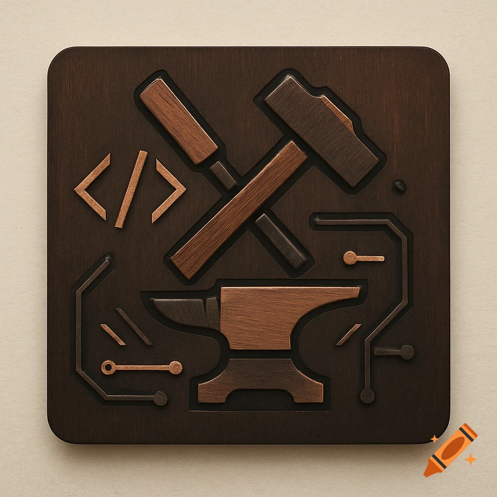 A modern logo features a hammer, wood chisel, and anvil merged with code brackets and circuit lines on a dark wood panel.