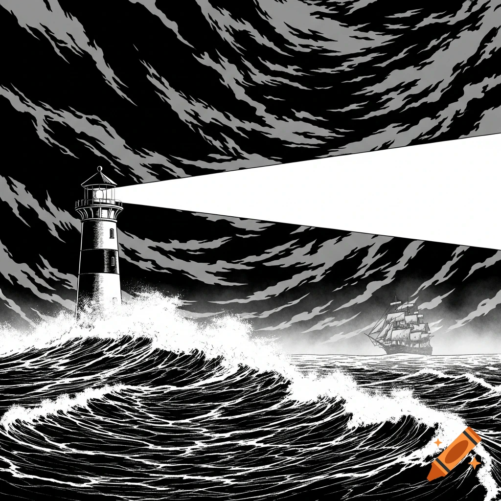 A stark black and white illustration of a lighthouse beam cutting through a turbulent stormy sea with a distant ship and swirling clouds.
