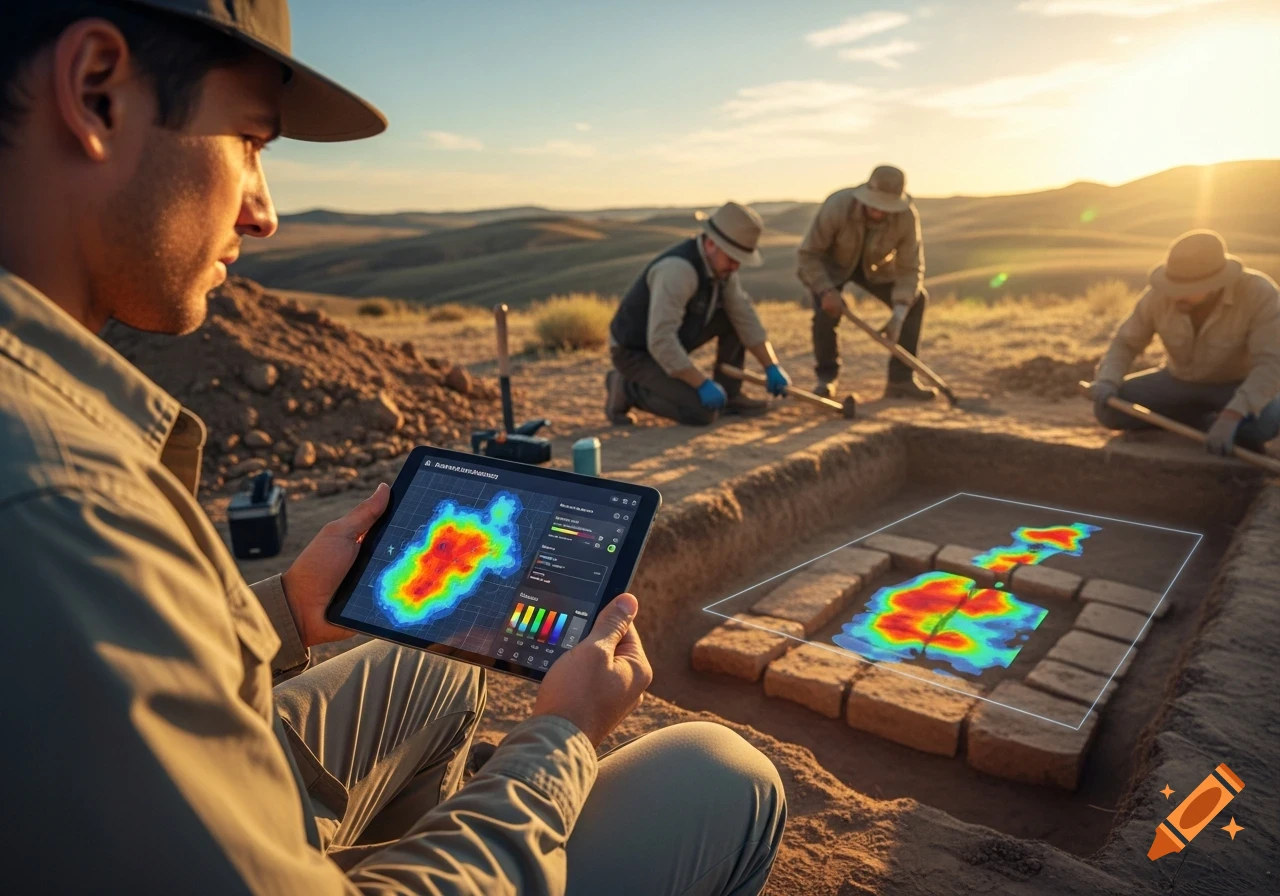 An archaeologist in a hat examines a tablet displaying a colorful heat map, overlooking an excavation site with ancient ruins and colleagues digging in a desert sunset.
