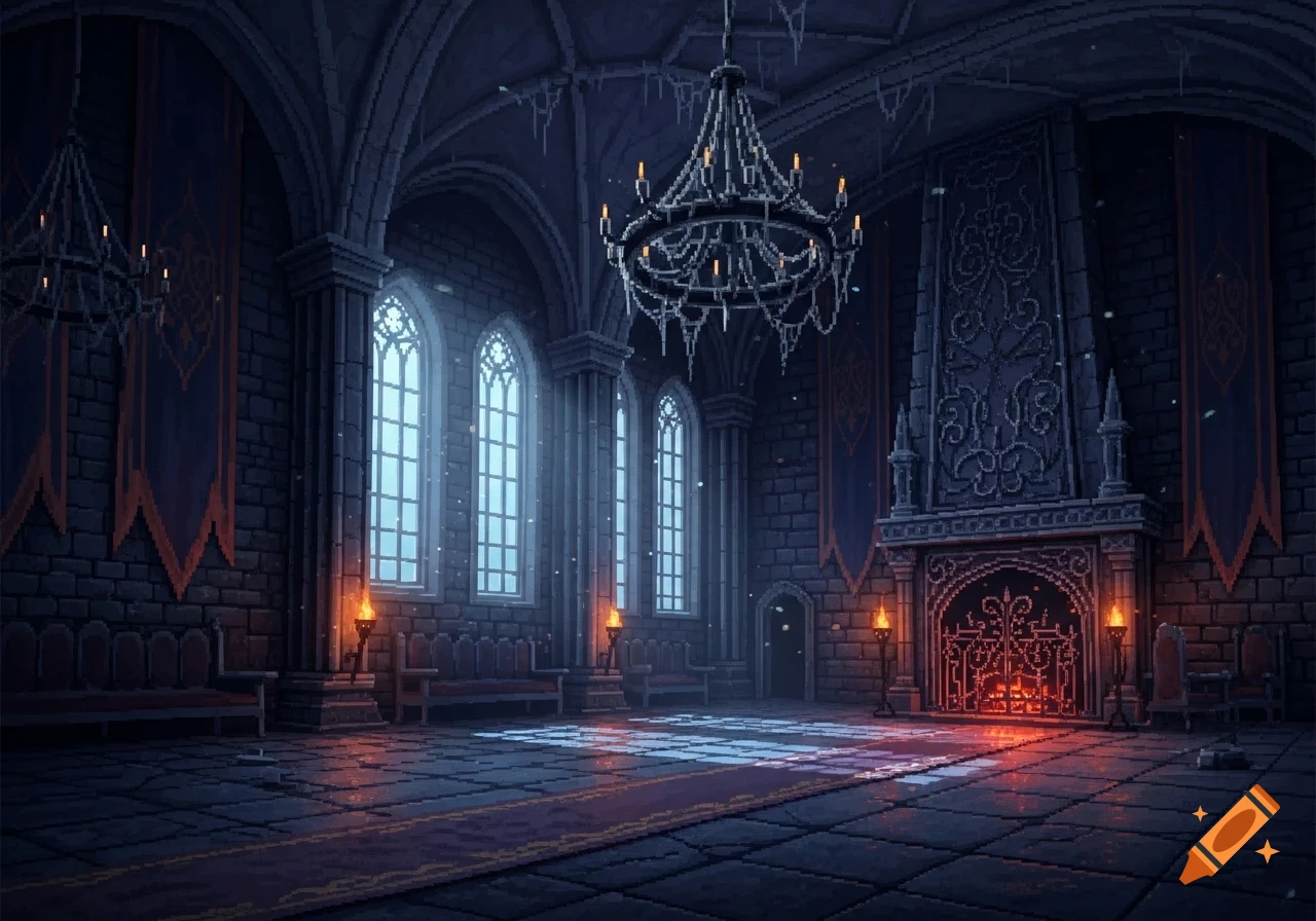 Pixel art of a grand, dark gothic castle hall with large arched windows, ornate chandeliers, and a detailed fireplace.