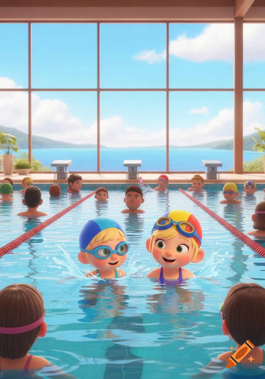 A blonde cartoon boy and girl, with goggles and swim caps, splash and smile in a crowded Pixar-style lap pool with a lake view.