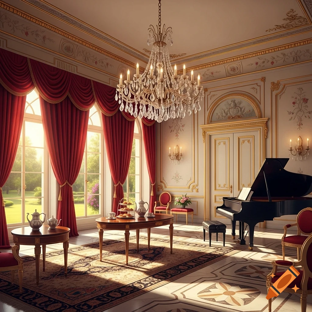 Luxurious classical room with red drapes, crystal chandelier, grand piano, gilded walls, and large windows looking out to a garden.