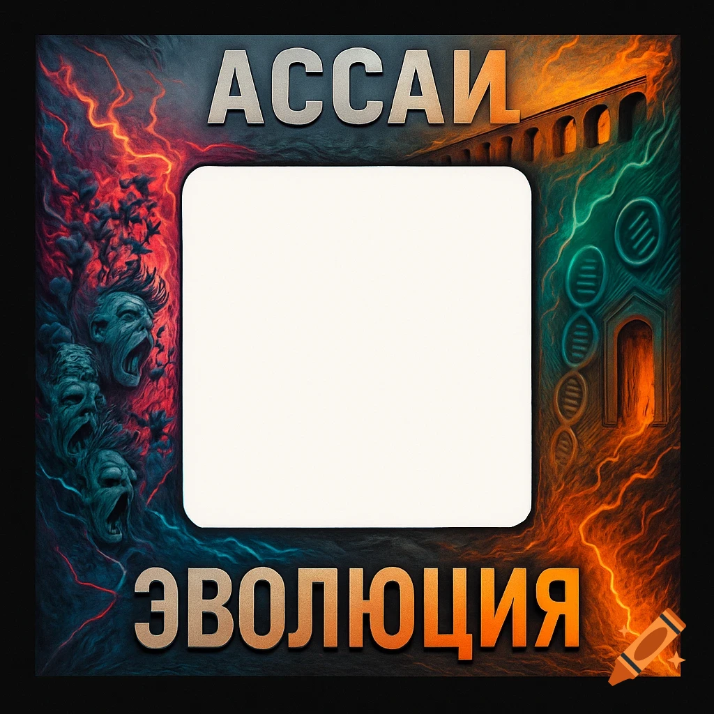 Surreal frame with empty white center. Left: aggressive screaming faces ...