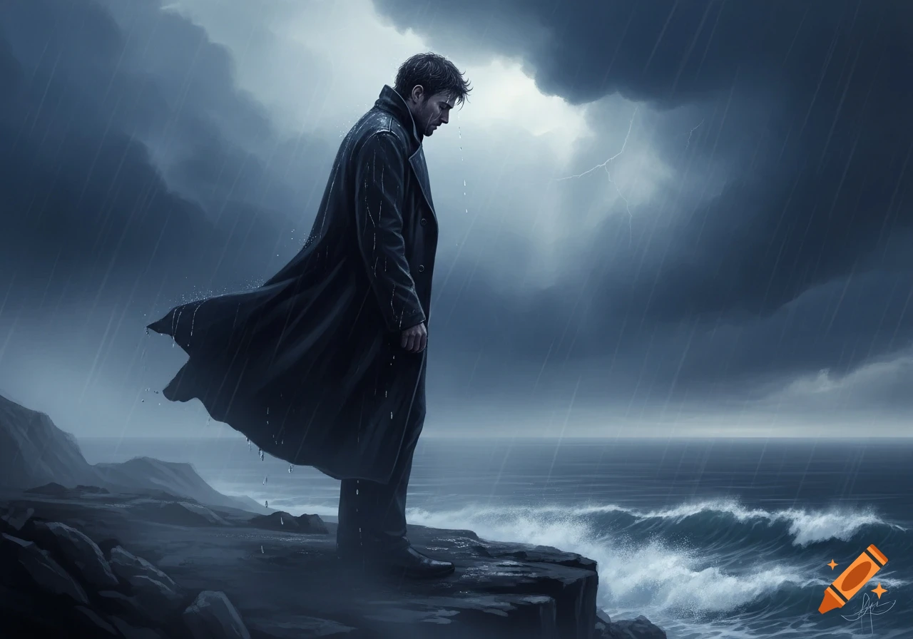 A man in a dark coat stands sadly on a rocky cliff overlooking a stormy sea under heavy rain and dark clouds with lightning.