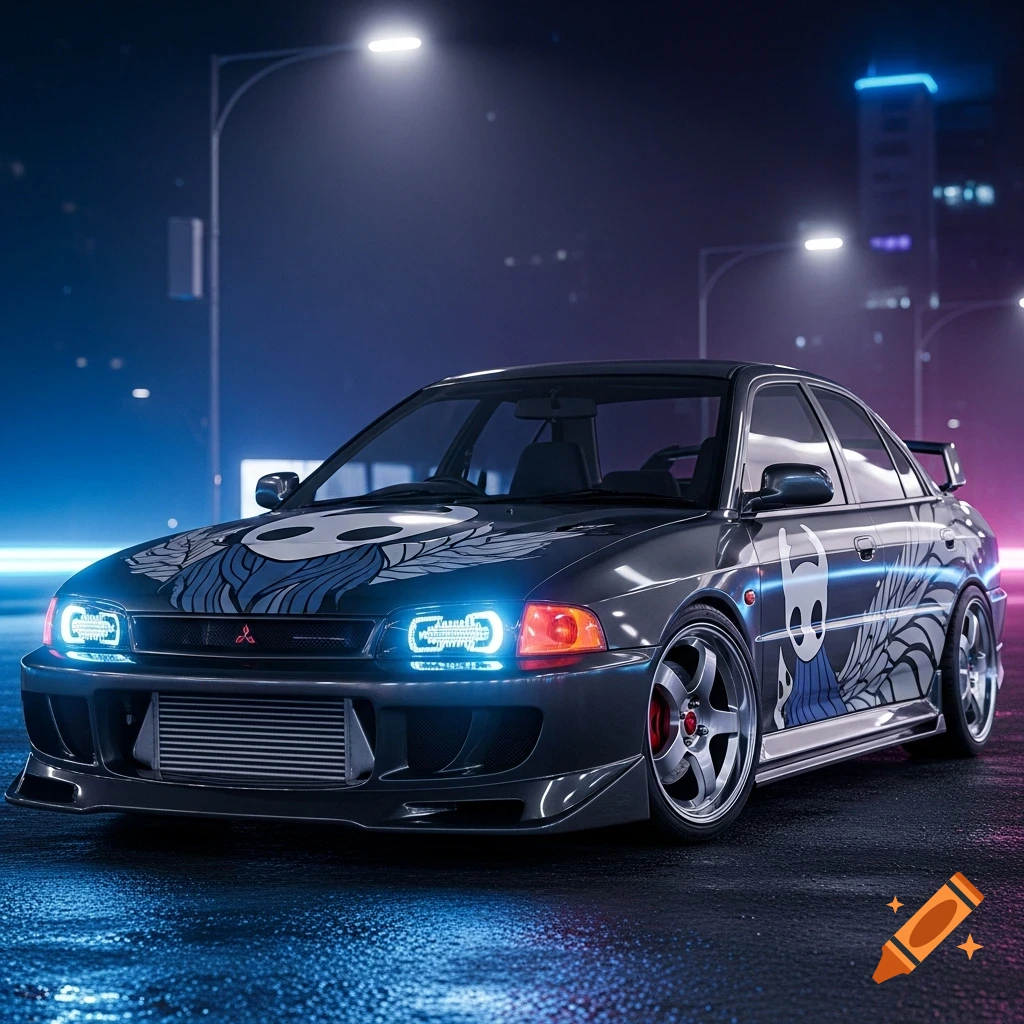 A custom dark gray 1993 Mitsubishi Lancer with blue glow headlights and Hollow Knight skull and spirit decals on the hood and side, parked on a wet street at night with city lights in the background.