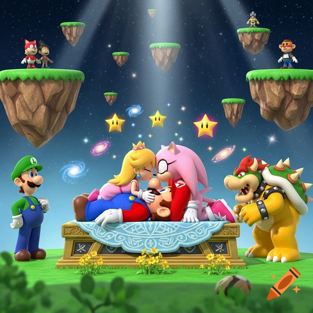 Princess Peach and Amy Rose kiss Mario on an altar in a starry sky, with floating islands, Luigi, and Bowser observing.
