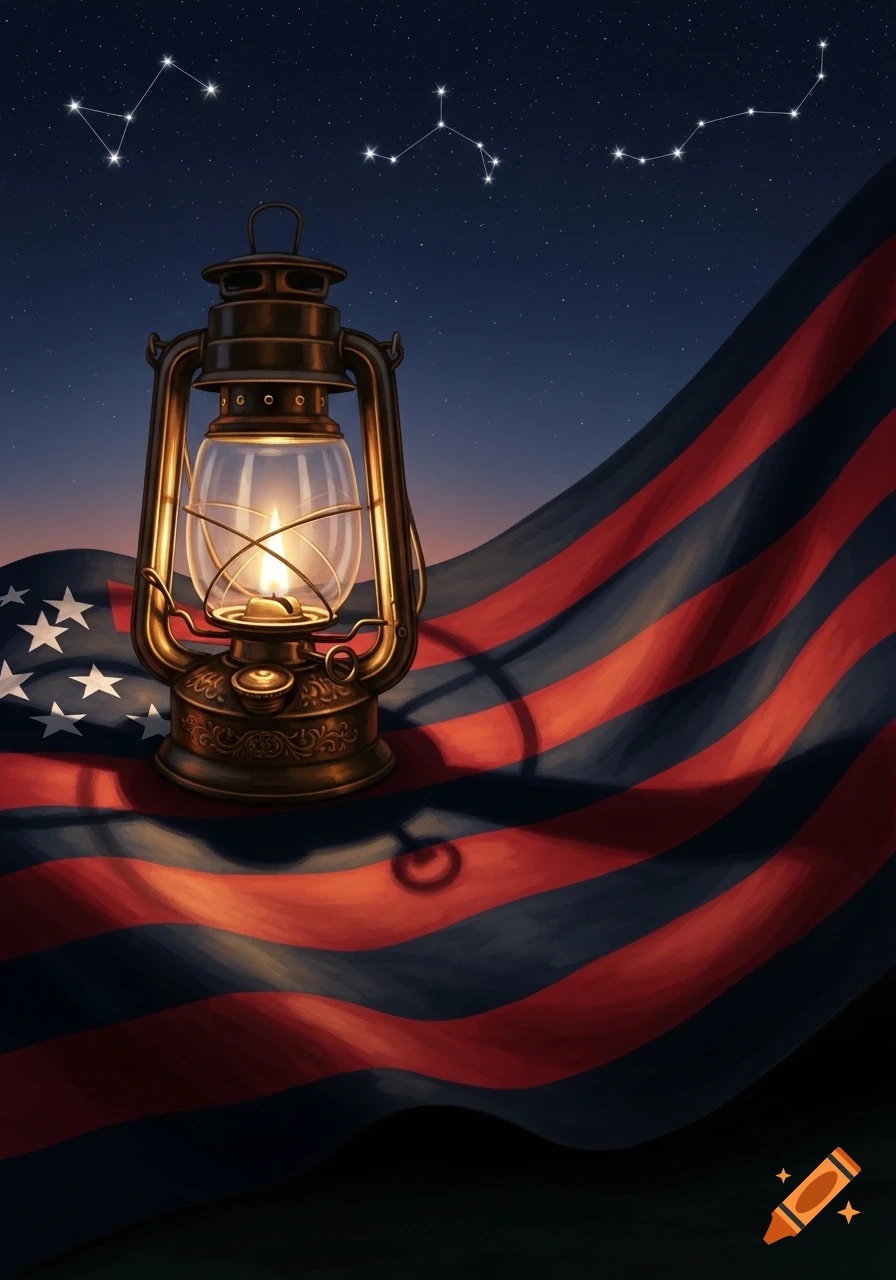 An antique burning lantern rests on a waving American flag under a starry night sky with constellations.