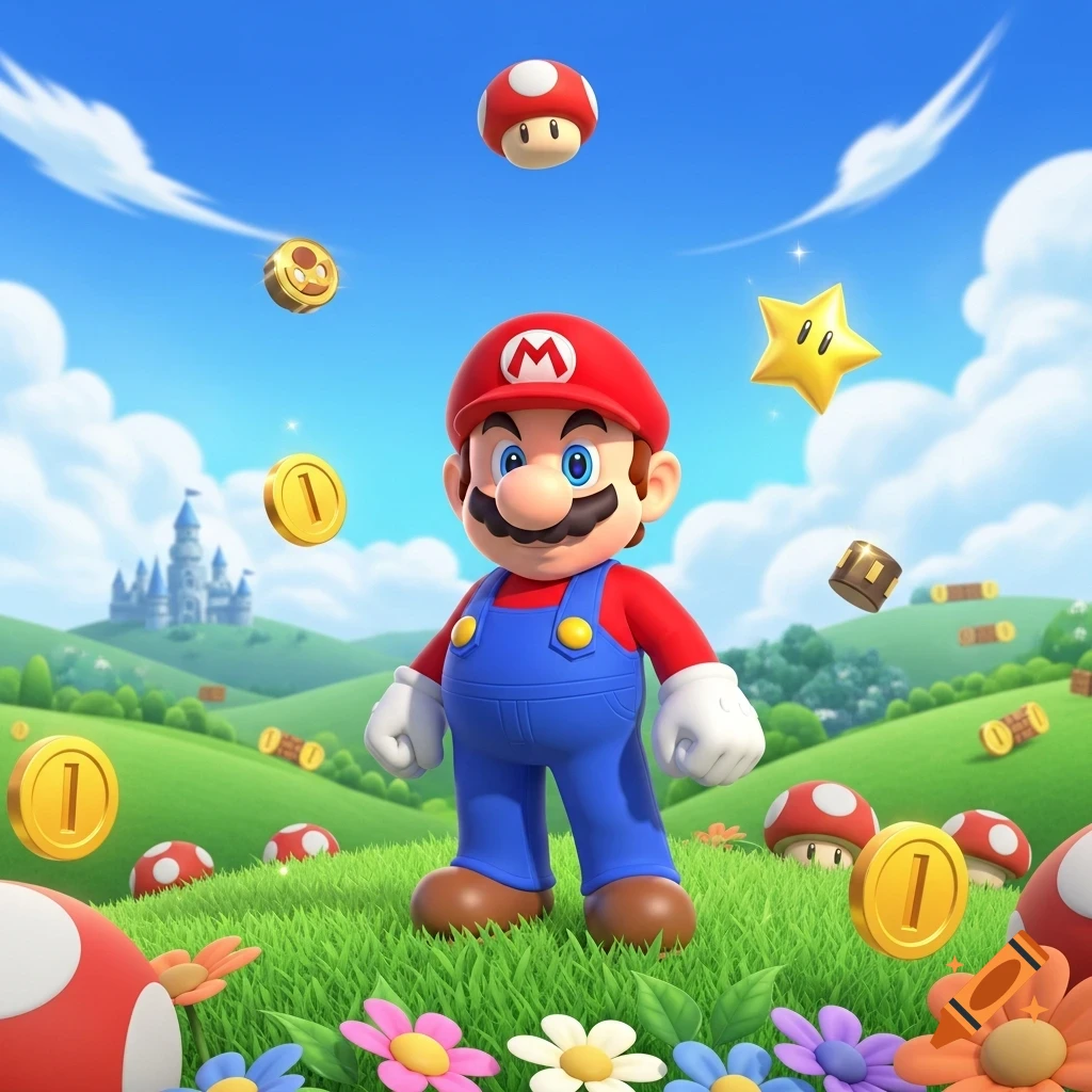 Mario stands in a bright, grassy field with a castle, mushrooms, coins, and a star under a blue sky.