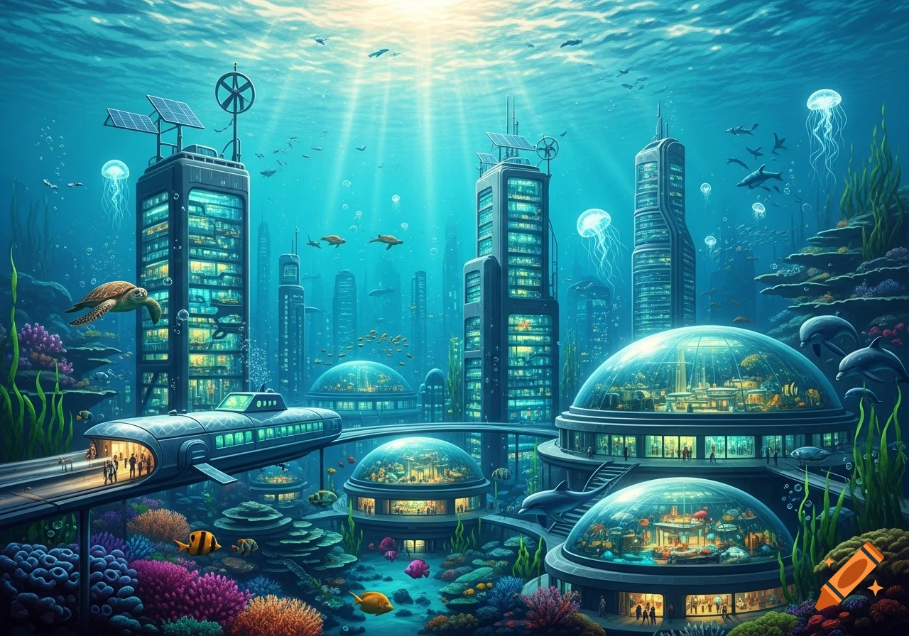 A vibrant underwater futuristic city with illuminated buildings, glass ...
