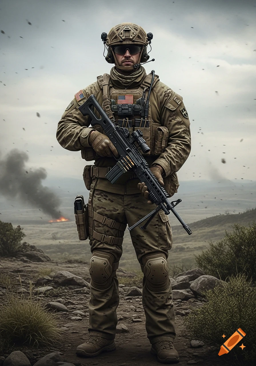 A photorealistic depiction of a soldier in full camouflage gear holding a machine gun, standing on a rocky battlefield with smoke and fire in the background.