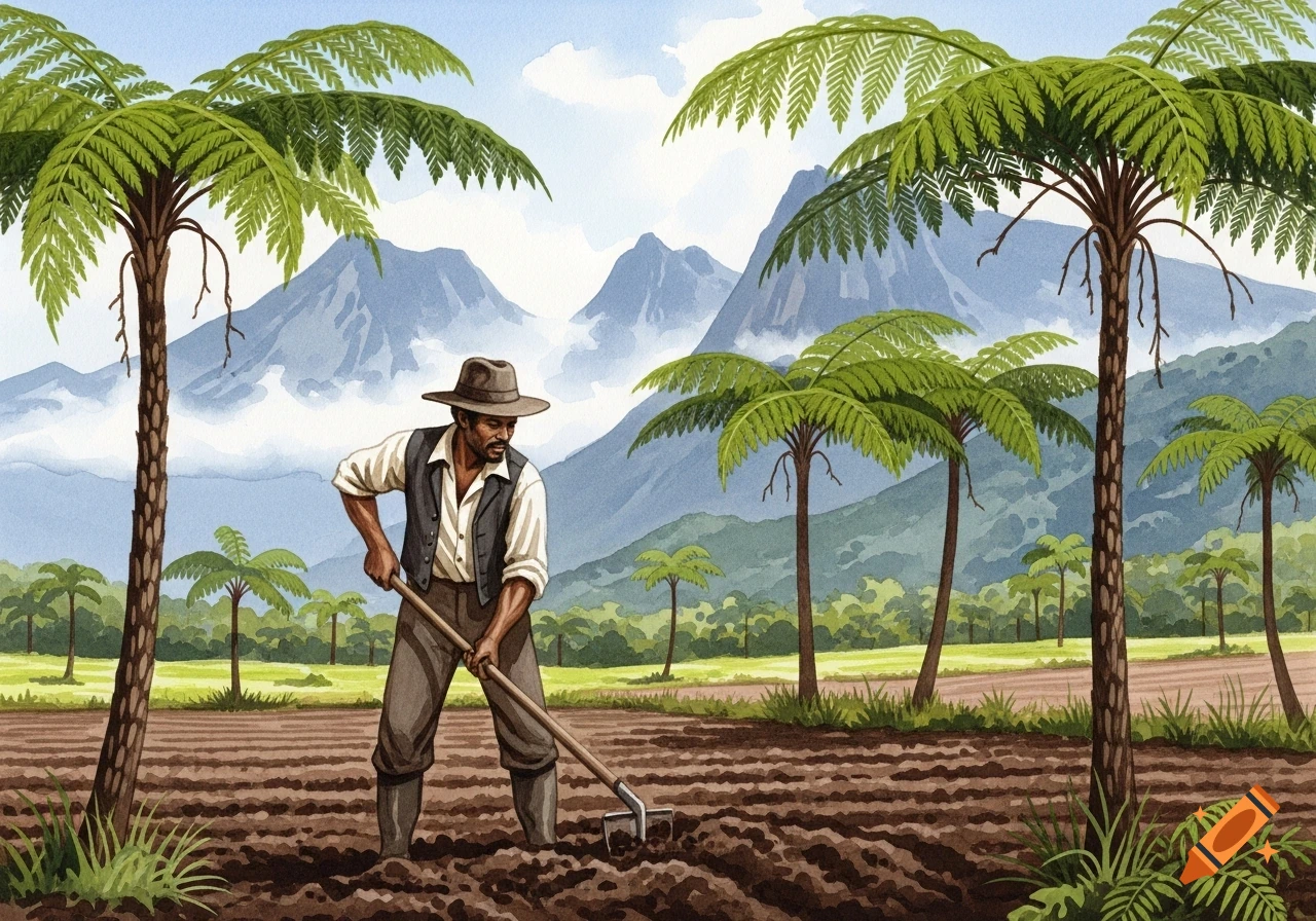Watercolor painting of a man in 1800s attire cultivating a field with a hoe, surrounded by palm trees and mountains.