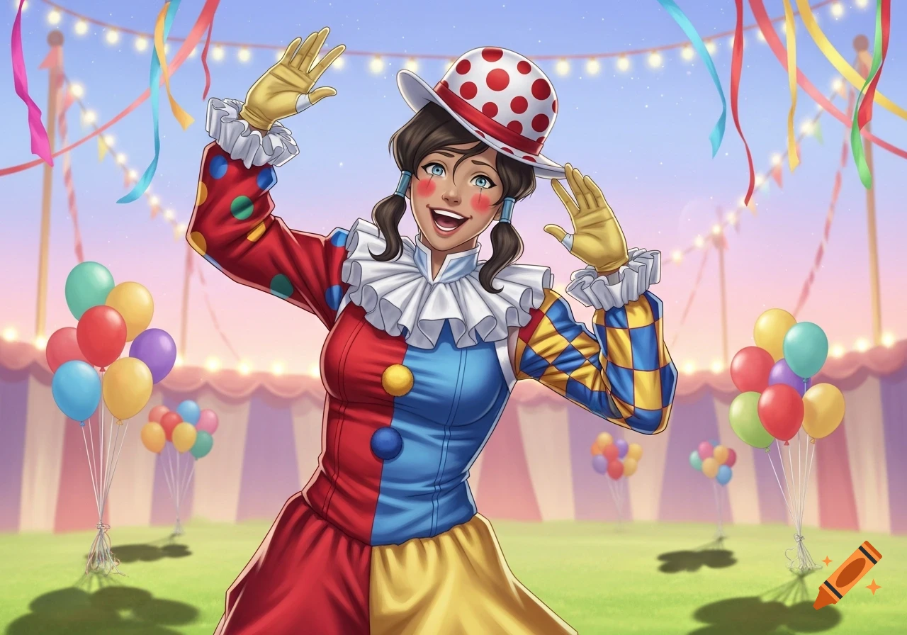 Animated Korra as a cheerful clown, wearing a polka-dot hat, waves in a colorful circus setting with balloons and streamers.