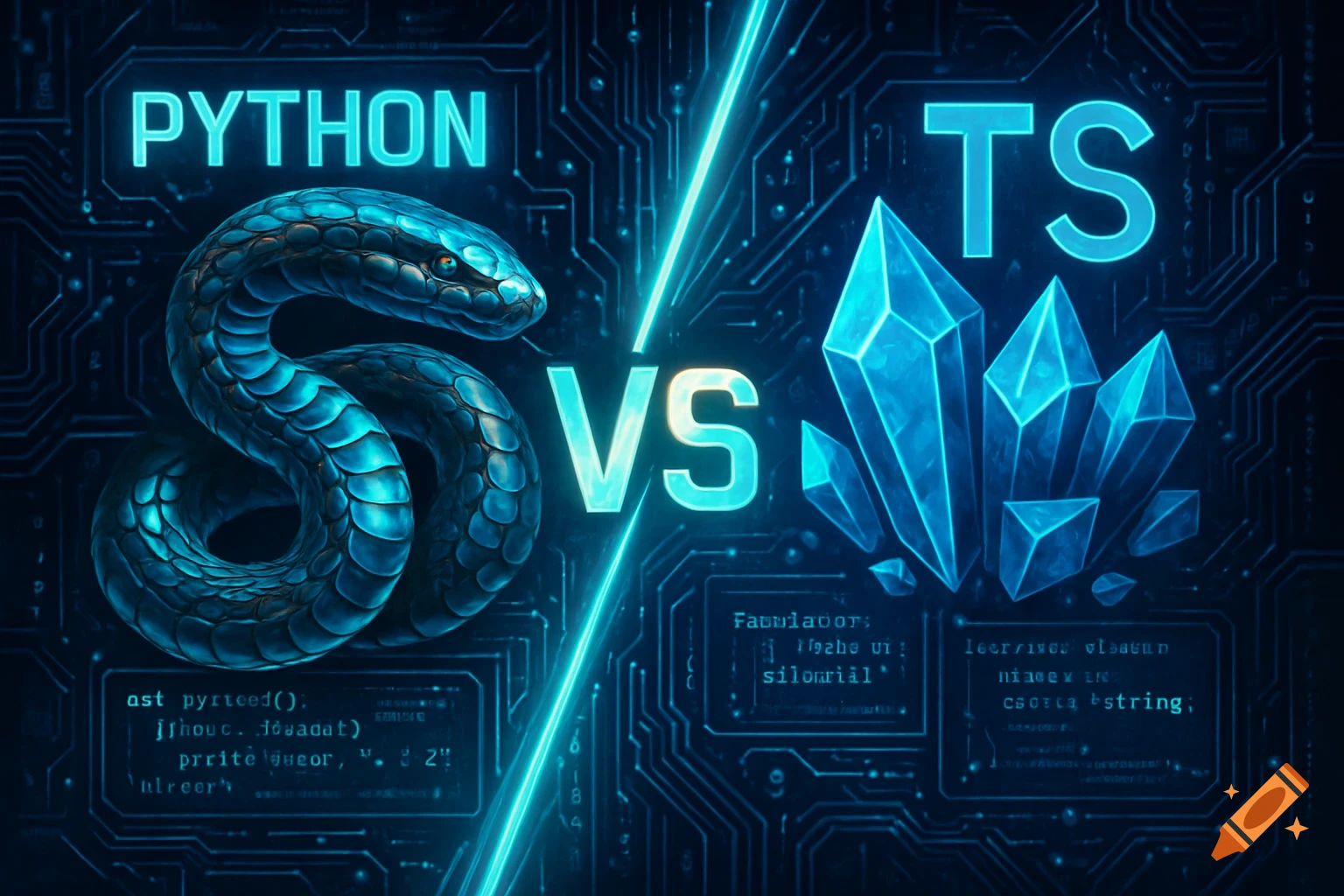 A neon blue sci-fi design comparing Python and TypeScript, represented ...