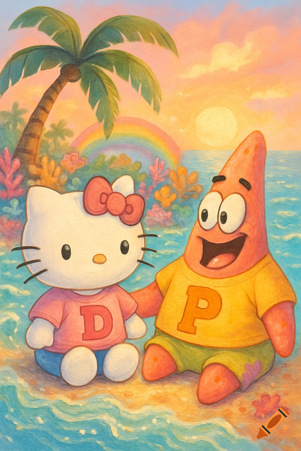 Colorful painterly illustration of Hello Kitty and Patrick Star sitting on a beach at sunset with a palm tree and rainbow. Hello Kitty wears a pink 'D' shirt, Patrick a yellow 'P' shirt.