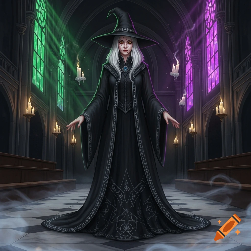 A white-haired witch in a black pointed hat and flowing black robe stands in a gothic church with green and purple stained-glass windows, her hands slightly raised, with candles floating around.