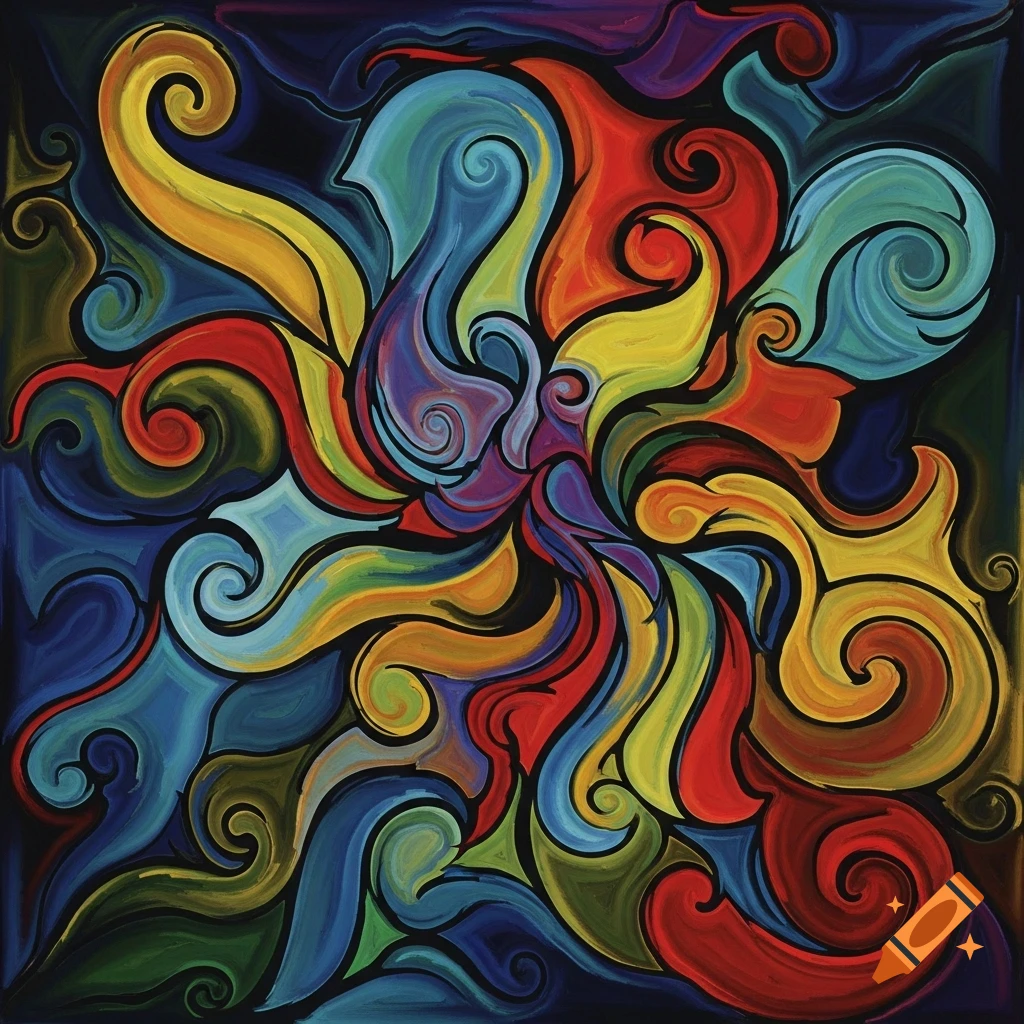 Abstract expressionist art with swirling shapes in vibrant blue, green, yellow, and red colors.