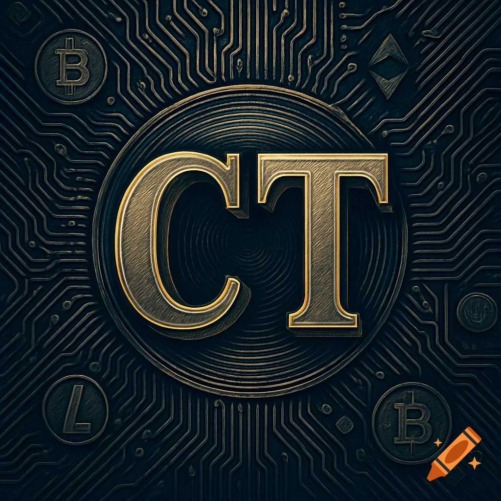 Golden 'CT' letters on a dark, engraved circuit board background with cryptocurrency symbols like Bitcoin and Ethereum.