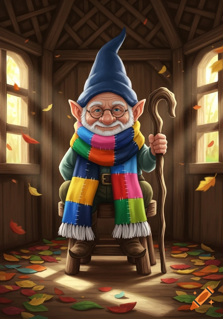 Smiling old gnome in blue hat, glasses, white beard, and colorful patchwork scarf, holding a staff in a wooden autumn room.