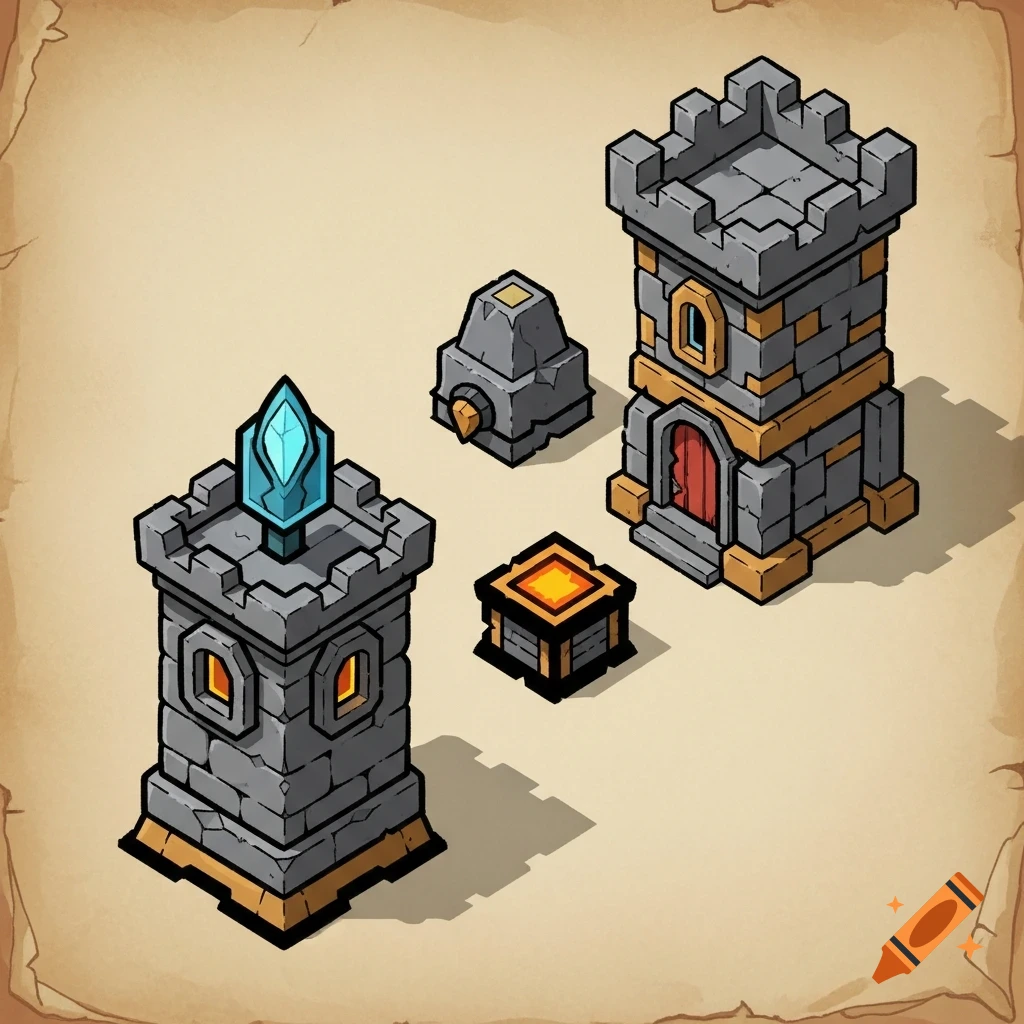 Isometric fantasy game assets including two stone towers, a crystal-topped tower, and elemental structures, painted on aged paper.