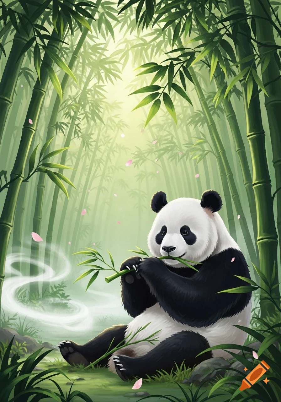 A cute panda sitting in a vibrant bamboo forest, eating bamboo shoots ...