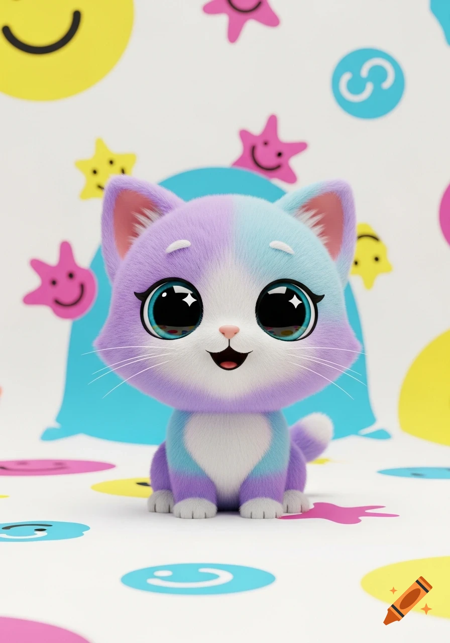 A fluffy 3D cartoon kitten with purple and blue fur, big black eyes ...